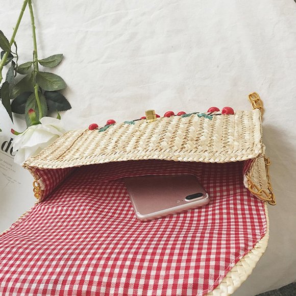 Cherry Straw Cross Body Purse with Chain - Picture 3 of 7